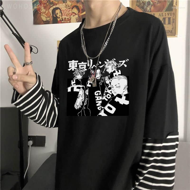 

Men' T Shirts Anime Tokyo Revengers Manji Gang Print Long Sleeve Shirt Harajuku Manga Summer Loose Fake Two Pieces