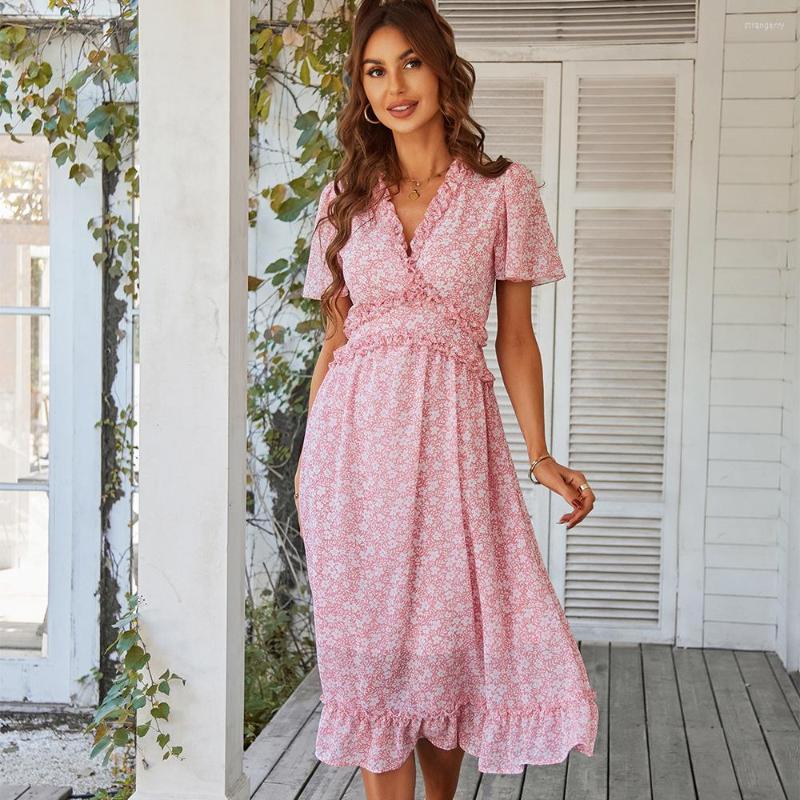 

Party Dresses V Neck Short Sleeve Dress Floral Print Holiday Style Ladies Casual 2022 High Waist Fashion, White