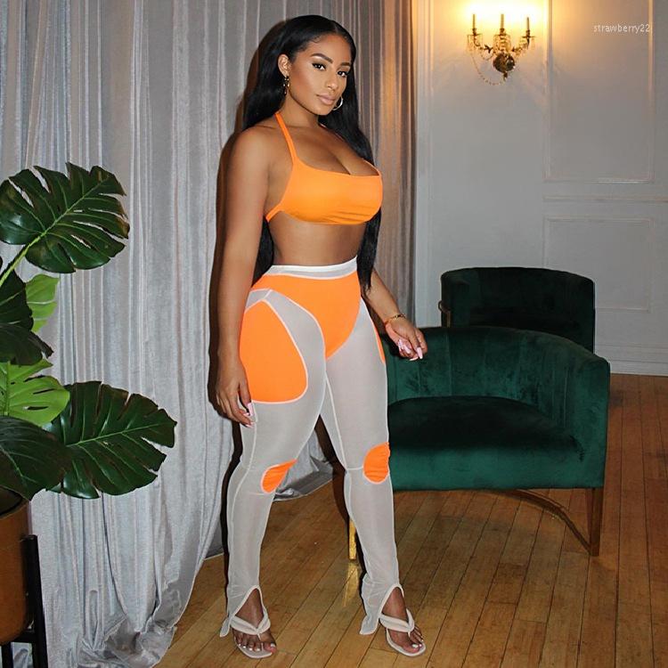 

Women's Two Piece Pants Sheer Mesh Patchwork Set Women Sexy Backless Bandage Crop Top See Through Club Sets Outfits, Blue