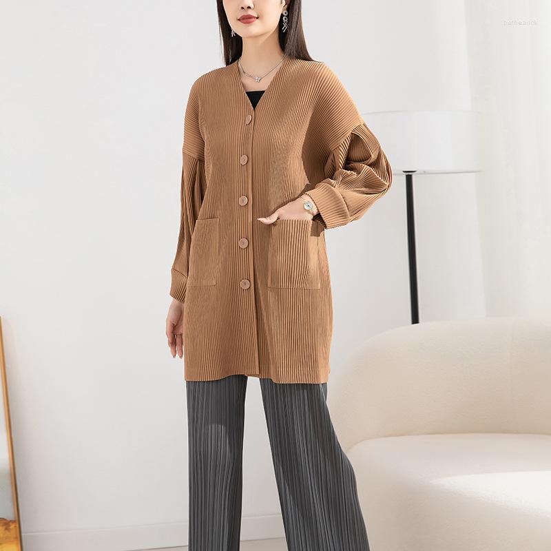 

Women's Trench Coats Autumn Winter Women's Coat Pleated Jackets 2022 Casual Cardigan V-neck Single Breasted Solid Loose Top Overcoat, Black