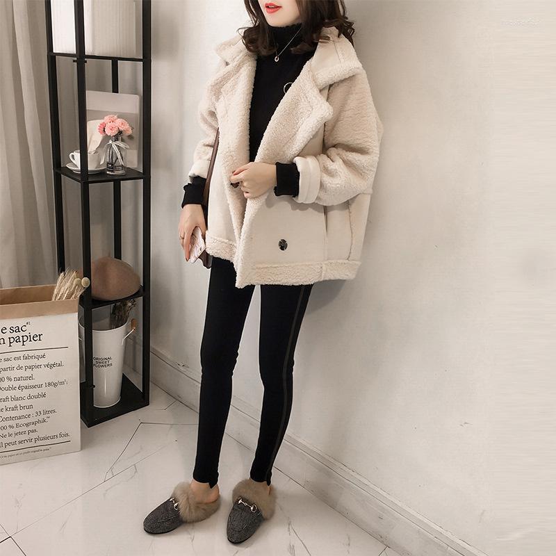 

Women' Fur 2022 Women Winter Coat Faux Shearling Sheepskin Jacket Lamb Wool Thickened Locomotive Lapel Female Fashion Outwear, Brown