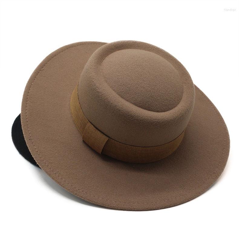 

Berets The Ring-shaped Flat-top Fedora Wool Felt Big Eaves Bowler Hat Ladies Spring And Autumn Winter Woolen, 7cm edge black