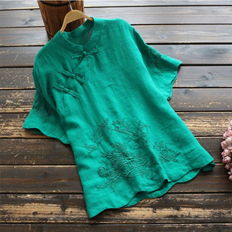 

Women's T Shirts Summer Women Tshirt Elegant Vintage Embroidery Stand Collar Button Tee Shirt Femme Cotton Linen Tops RV424, Green