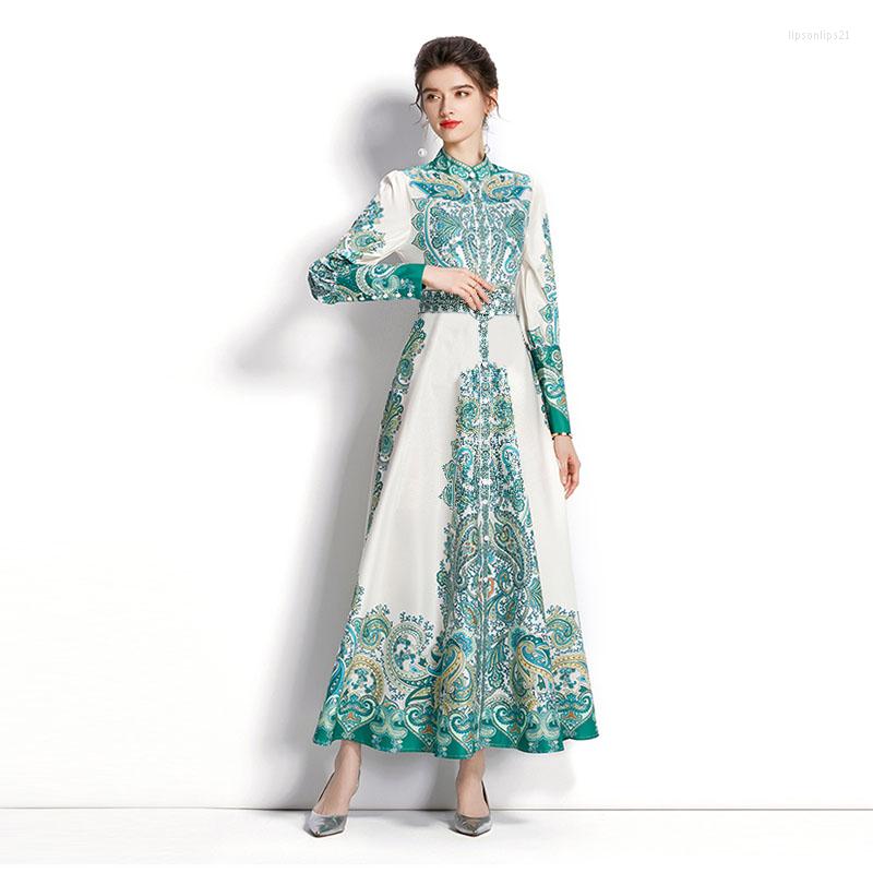 

Casual Dresses 2022 Autumn Long Dress For Women Elegant Fashion Ankle-Length Party Robe Lantern Sleeve STAND Collar Empire Vintage Green, Green floral print