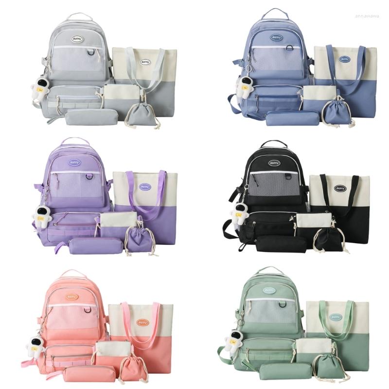 

School Bags M6 5pcs Cute Backpack With Shoulder Bag Pencil Bookbag Set For Teen, Black