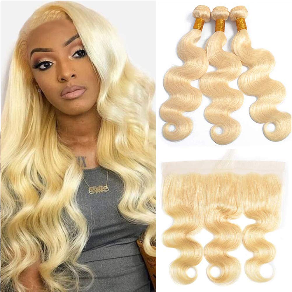 

Elibess Brazilian Hair body wave Human Hair Bundles Extensions 3pcs with Lace Frontal Closure 613 Blonde Color Weft Weave for Women All Ages