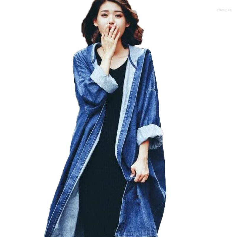 

Women's Trench Coats Women's Denim Jacket Spring Autumn Windbreaker BF Wind Casual Long Loose Coat Hooded Outerwear Female C80, Black