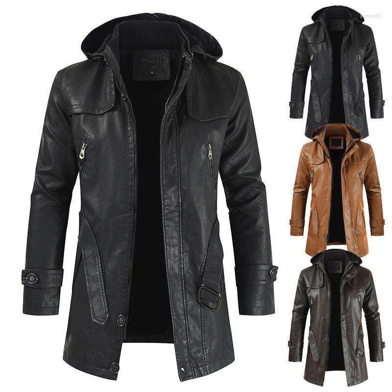 

Men's Jackets Leather Jacket Men Nice Casual Fashion PU Hooded Slim-fitting For, Khaki