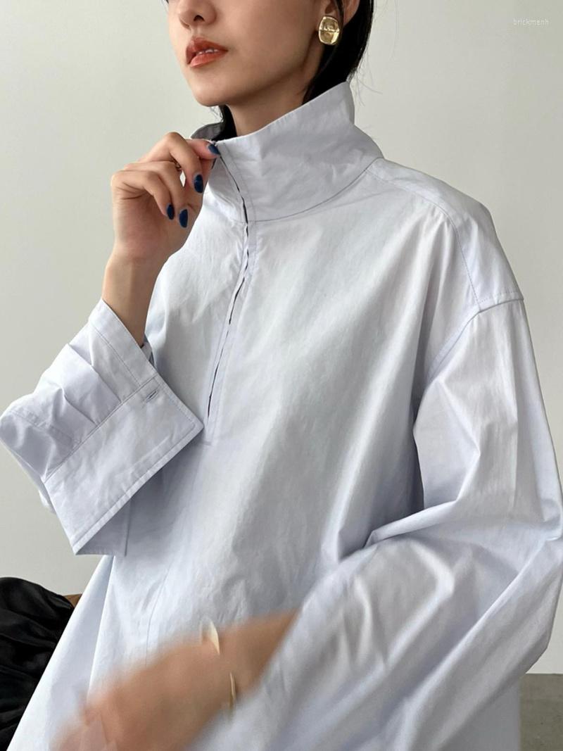 

Women' Blouses Japan Style High Fashion Half Zipper Stand Collar Blouse Simple Solid Loose Long Sleeve Shirts Women 2022 Fall Elegant Tops, White