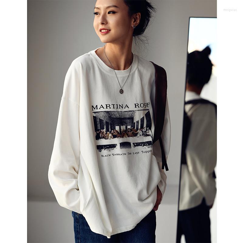 

Women's T Shirts MICOCO T6803C Art Worn Printed Wear Thick Loose Round Neck Long Sleeve T-shirt, White