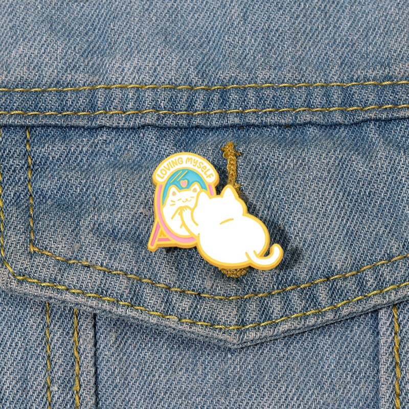 

Cat In Mirror Enamel Pins Custom Self-Love Brooches Lapel Badges Fun Animal Jewelry Gift for Kids Friends, As picture