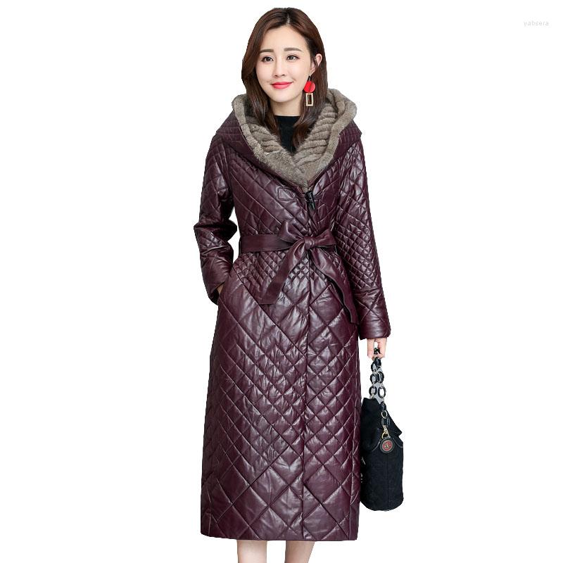 

Women' Leather 2022 Women' Winter Plus Velvet Warm Sheepskin Jacket Ladies Elegant Hooded Size 5XL Loose Long Coat Female OK1193, Black