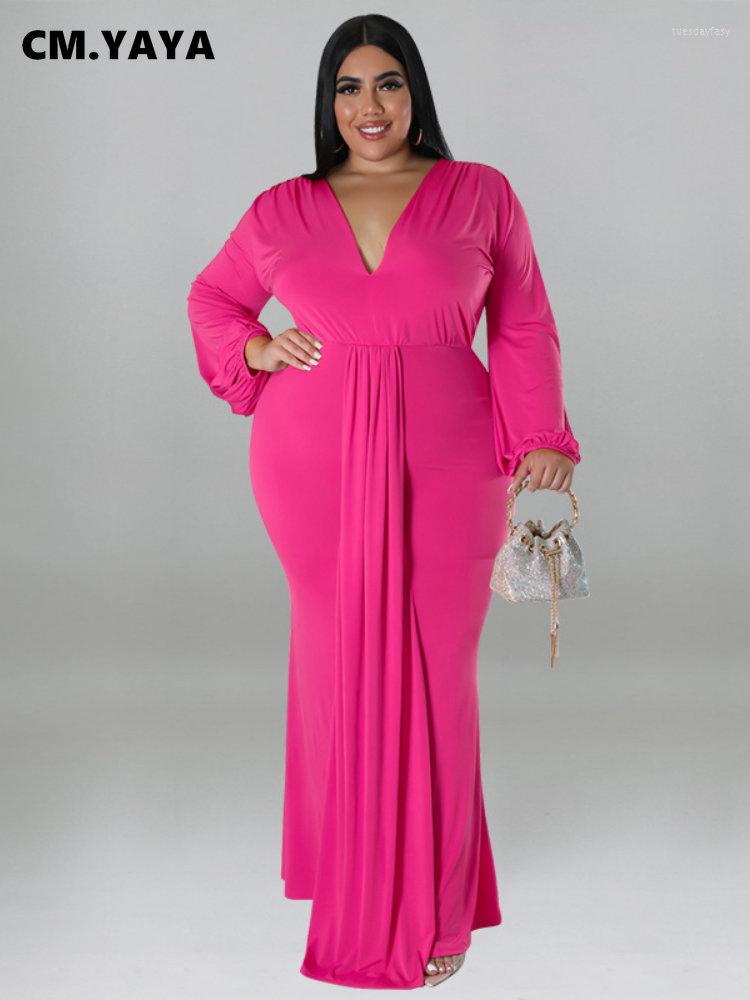 

Plus Size Dresses CM.YAYA Women Vintage Long Sleeve V-neck Ruched High Waist Maxi Bodycon Midi Dress Female Fashion Chic, Green