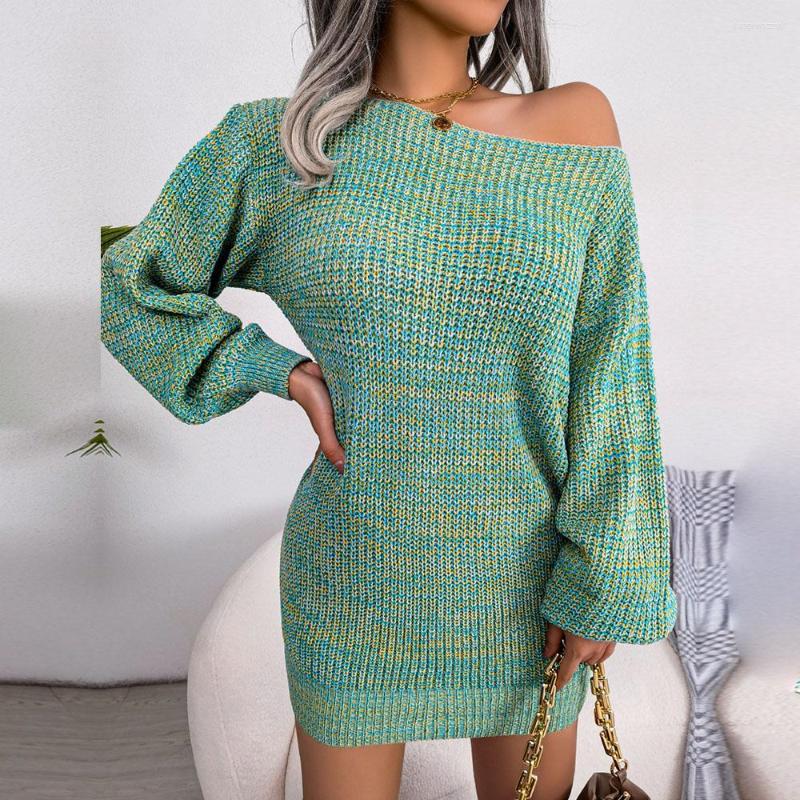 

Casual Dresses 2022 Women Autumn Winter One Line Neck Off The Shoulder Colorful Lantern Sleeve Knitted Sweater Dress, Black
