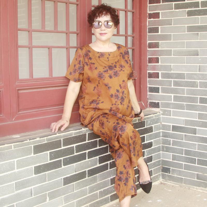 

Women's Two Piece Pants  6xl 7xl Elegant 2 Outfits For Women And Top Print Retro Short Sleeve Summer Set H401, Photo color