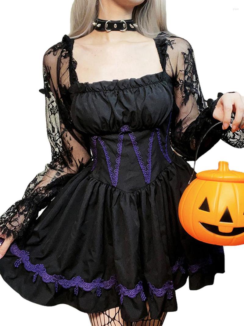 

Casual Dresses Women Gothic Lolita Pleated Grunge Mesh Sleeve Punk Dress Vintage Chic, Black