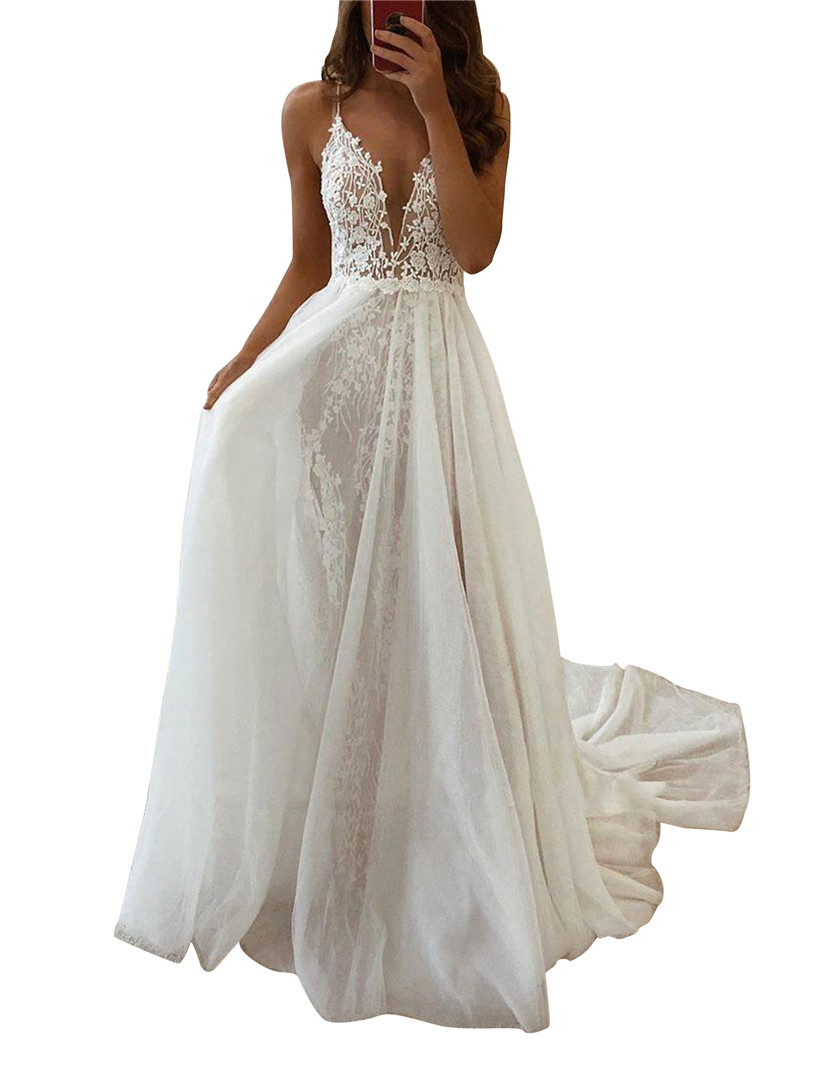 

Romantic Lace Tulle Summer Beach Wedding Dresses Bohemian Sexy Sheer Illusion Lace Bodice A Line Spahgetti Straps Split Long Boho Bridal Gowns BC4880, Black