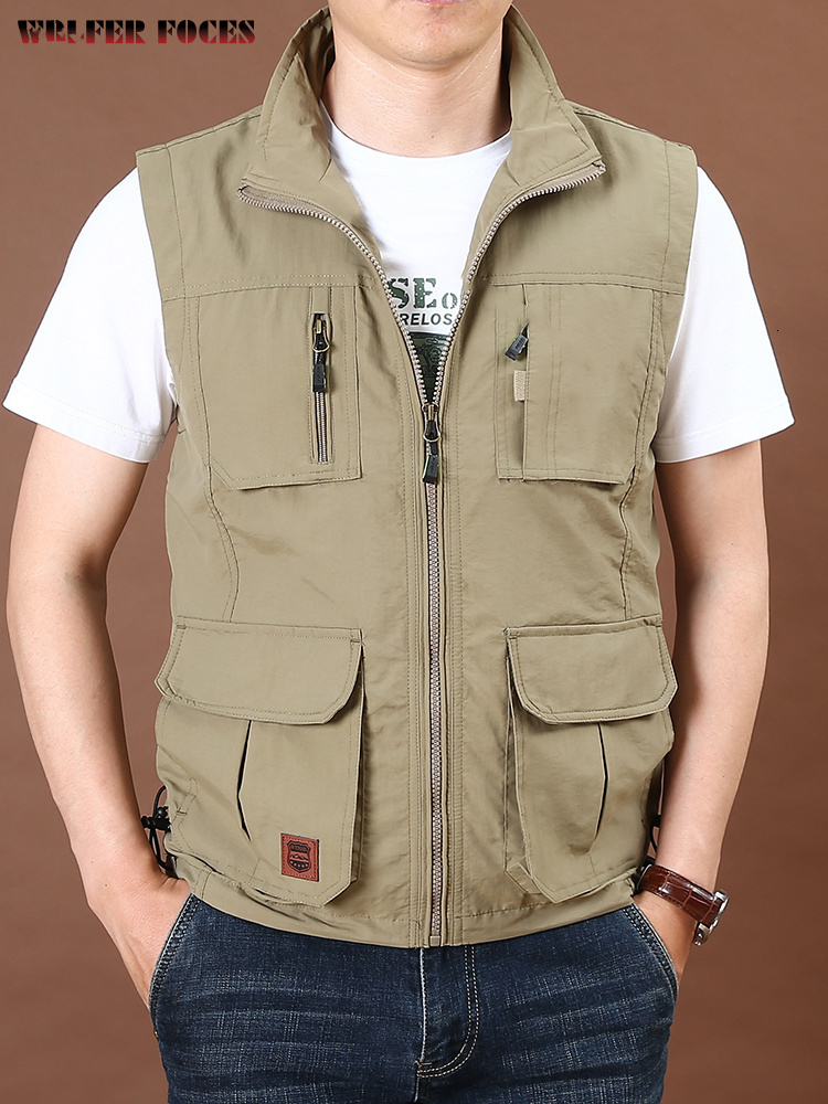 

Men's Vests Thin Tooling Loose Quick Drying Outdoor Sports Multi Pocket Stand Collar Spring Camping Fishing 221114, 7929 khaki
