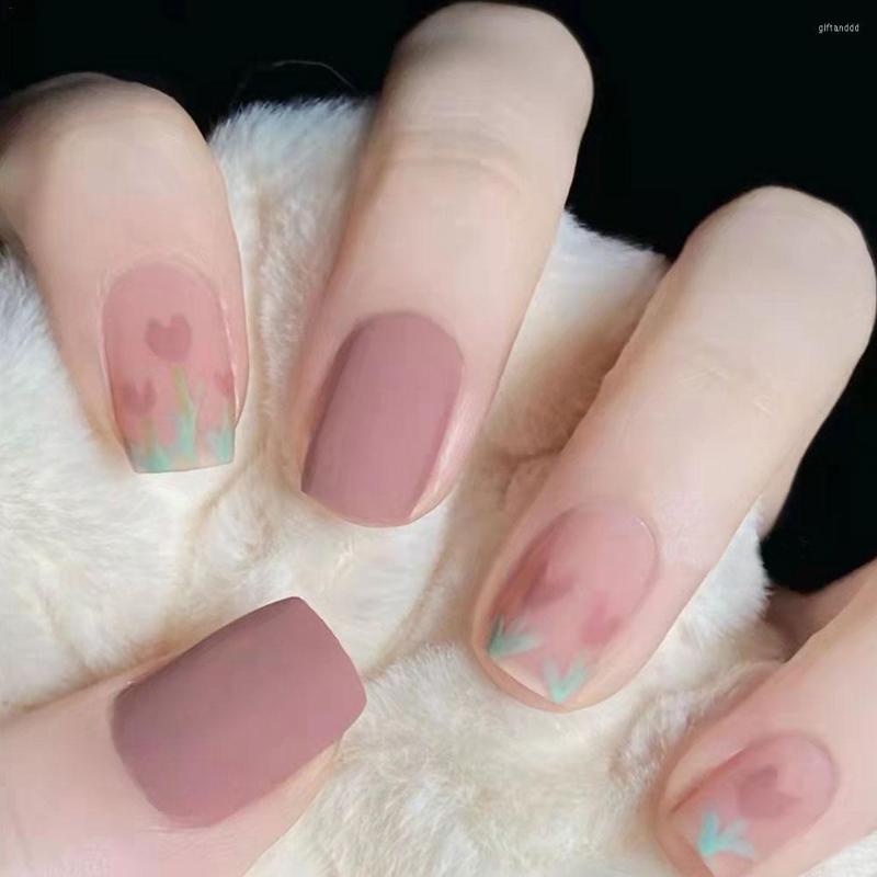 

False Nails Cute Artificial Flowers French Fake Press Woman Classic Short Wearing Full Coverage Shiny Matte Pink Round Nail Art