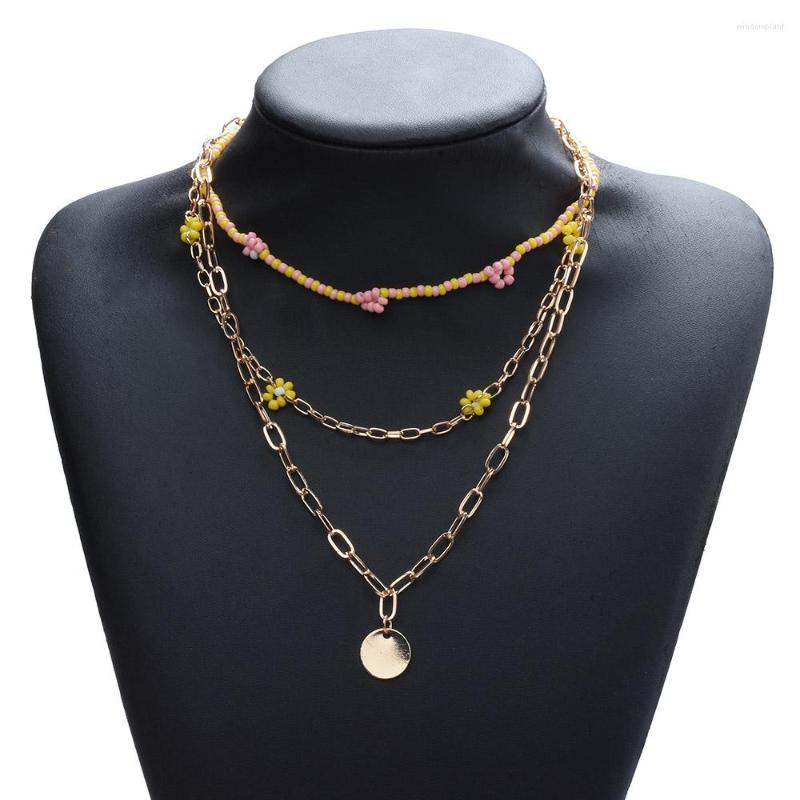 

Choker Fashion Multilayer Chains Link Charm Necklace Women Jewelry Acrylic Flower Seeds Beads Metal Coin Woman