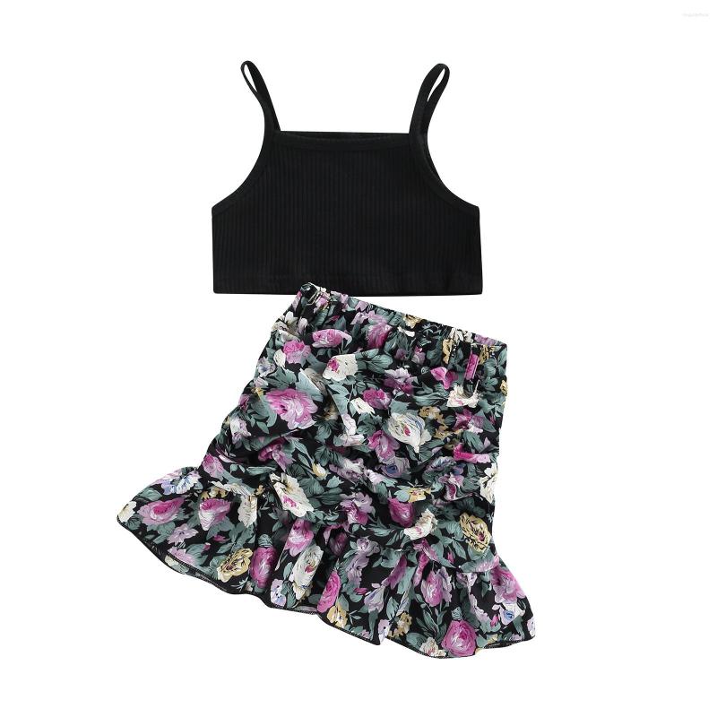 

Clothing Sets Kids Girls Skirt Set Sleeveless Solid Camisole With Flower Print Summer Outfit, Picture shown