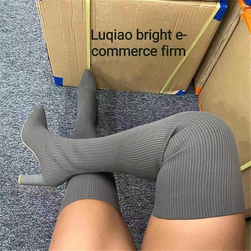 

Sexy Lady Fashion Boots New Pointed Toe Thick Thigh High Heel Over Knee Elastic For Women Women's Autumn And Winter Large Woman Shoes, Red