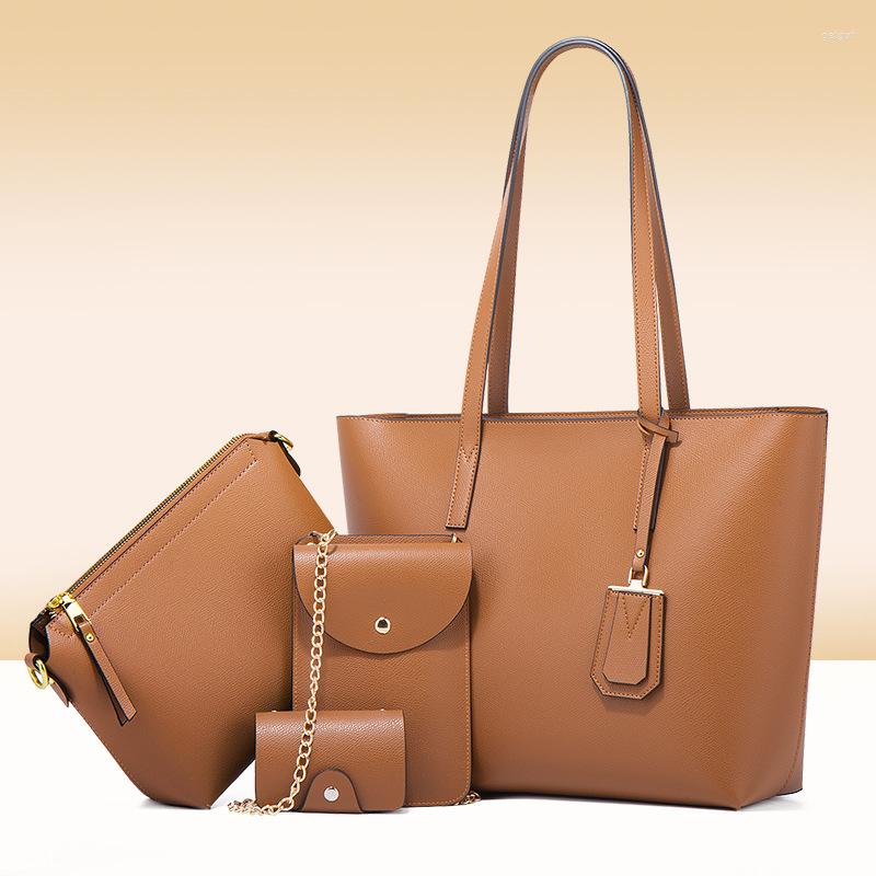 

Evening Bags Large Capacity Women Pu Leather Handbags Casual Ladies 4 Pieces Set Shoulder Travel Bag High Quality Female Tote Crossbody, Brown