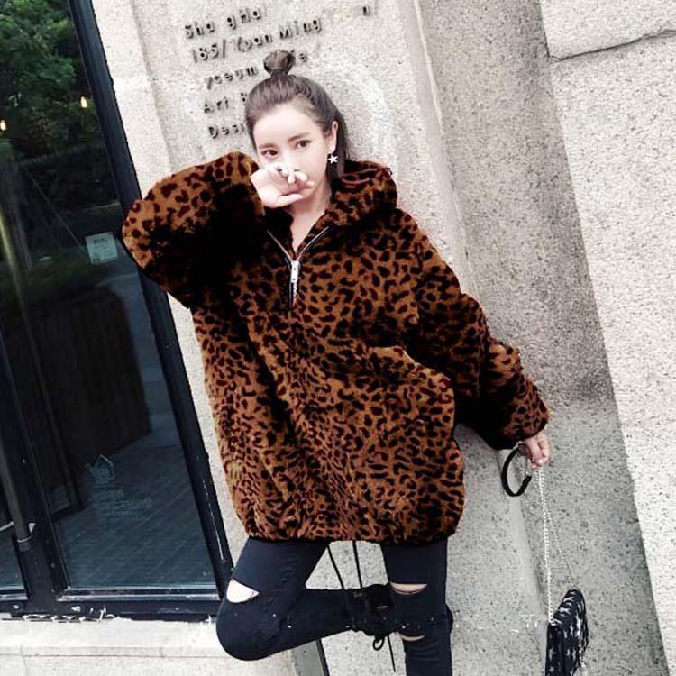 

Women' Fur Autumn Winter Faux Coats Women Tops Hooded Half Zipper Loose Pockets Long Sleeve Leopard Casual Outerwear TA7, No1