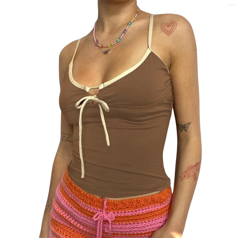 

Women' Tanks 2022 Fashion Street Sexy Hollow Out Tie Up Camisole Women V Neck Sleeveless Slim-fit Tank Top Summer Casual Solid Color Crop, Camel