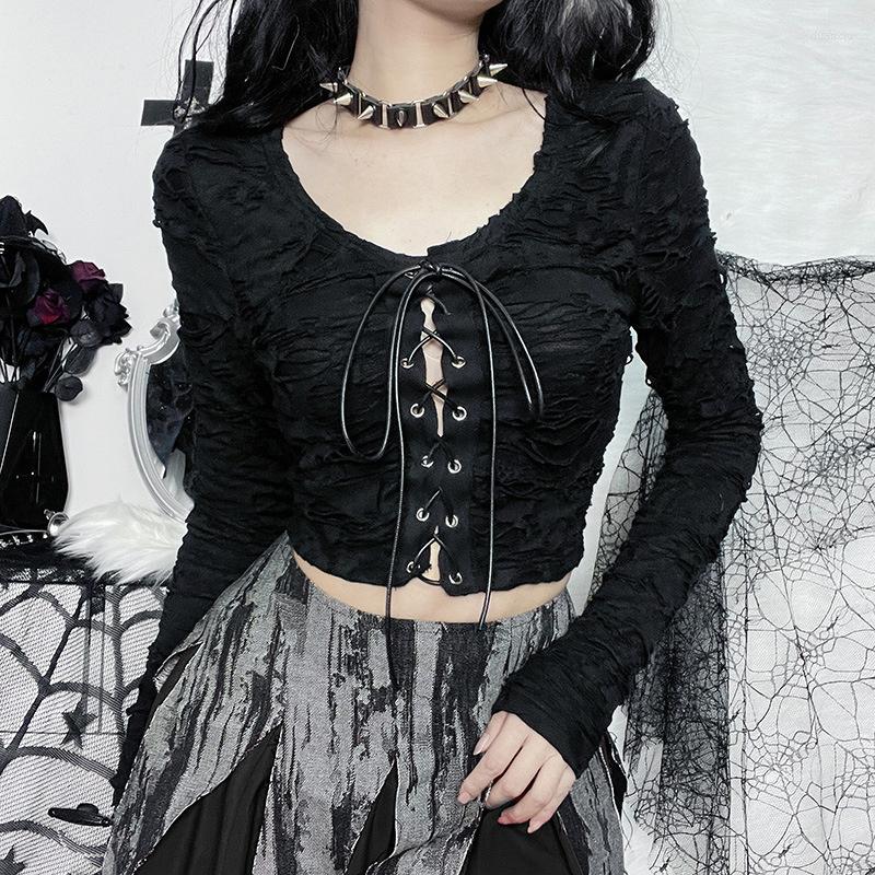 

Women' T Shirts Gothic Fabric Drawstring Top Sexy Autumn T-shirt Tattered Dark Wind Bandage Slim Short Women, Black