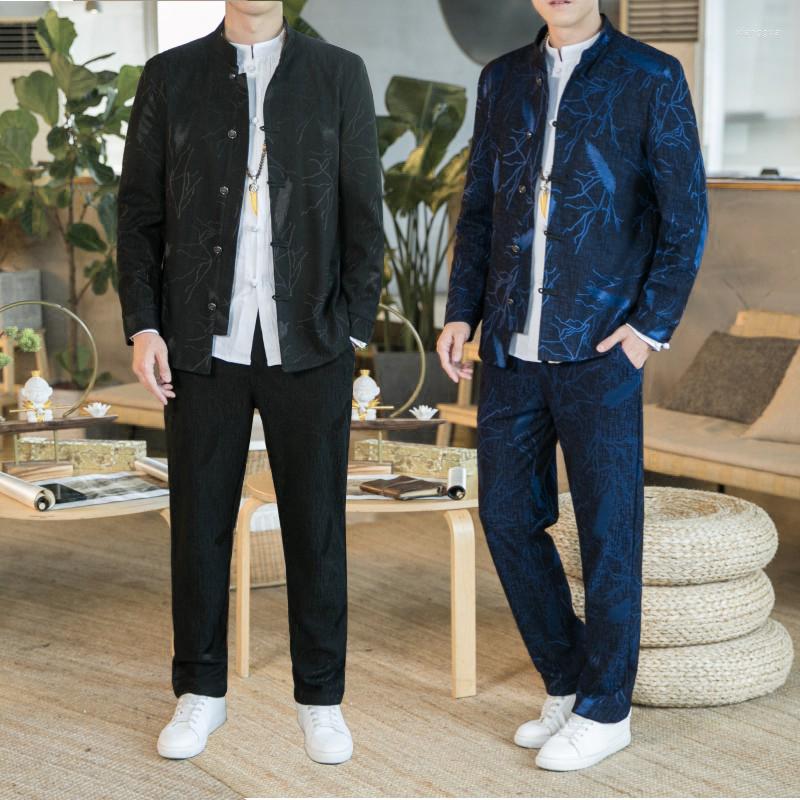 

Ethnic Clothing Chinese Style Zhongshan Suits Autumn Winter 2 Pcs Set Mens Tang Blue Zen Oriental Large Sizes Elegant Dress