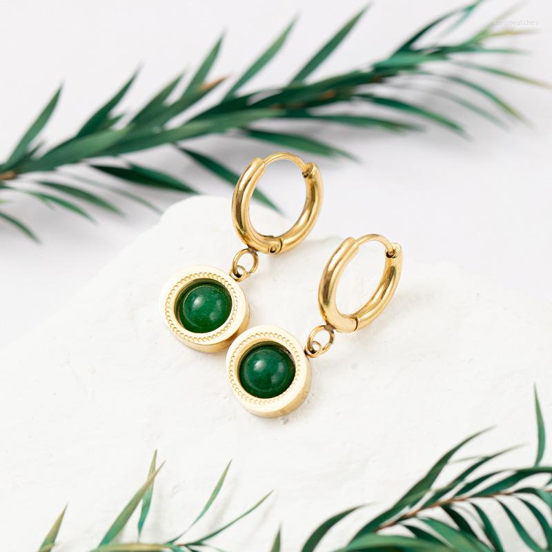 

Hoop Earrings Aneebayh Green Natural Stone Round Charm For Women Gold Color Small Circle Stainless Steel Earring Jewelry