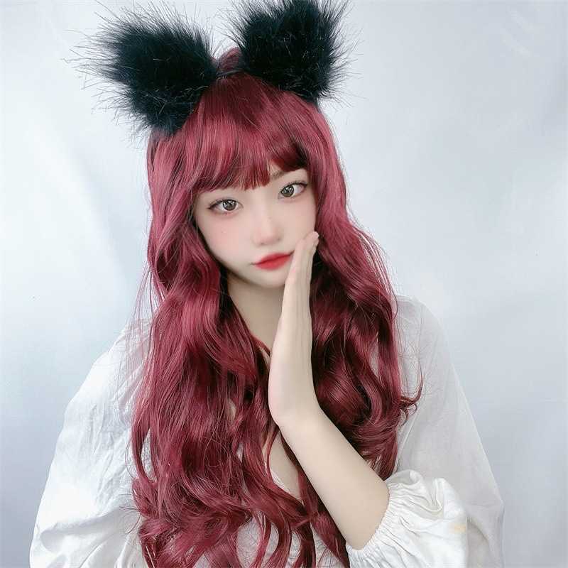 

Women's Hair Wigs Lace Synthetic Wig Korean Air Bangs Long Curly Hair Big Wave Chemical Fiber Headgear Female Strength, Black