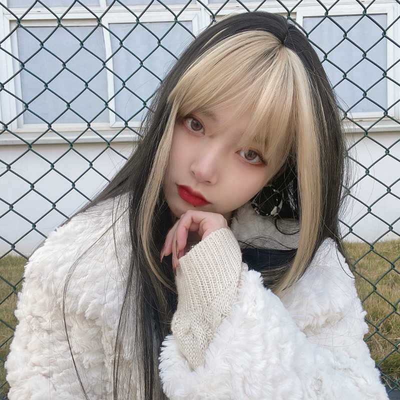 

Women's Hair Wigs Lace Synthetic Wig Female Jenny the Same Cartoon Bangran Naturally Invisible Head Cover, Black + linen