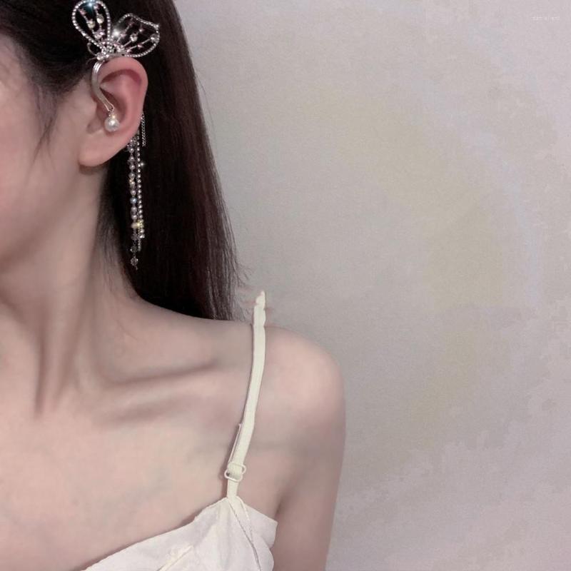 

Backs Earrings Beautiful Crystal Long Tassel Butterfly Earring Ear Clip Round Pearl Shiny Rhinestone Ladies Bone Jewelry