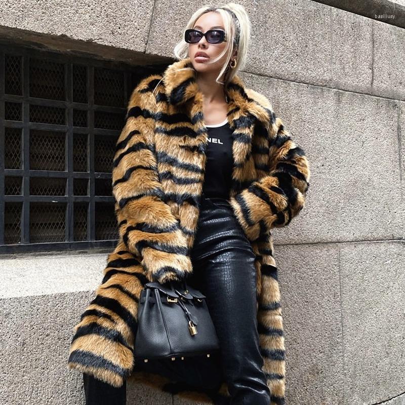 

Women's Fur Women Faux Coat Imitation Tiger Loose Fashion Mid-long Overcoat Winter Wool 2022