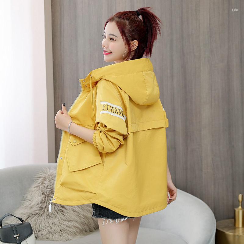 

Women's Trench Coats Spring Autumn Women's Jacket Korean Loose Letters Harajuku Long Sleeve Coat Hooded Ladies Jackets Tooling Short, Yellow