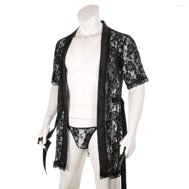 

Men' Sleepwear Sexy Men Casual Nightgown With T-back Thong Lace Mesh Printed Transparent See Through Long Robes Beach Bathrobe Dressing, Black