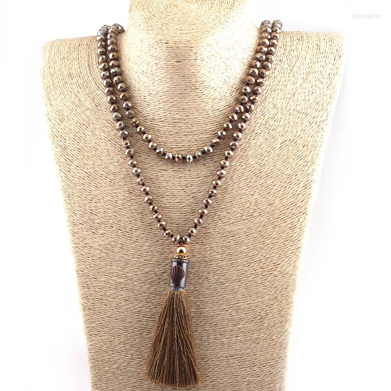 

Pendant Necklaces MOODPC Fashion Bohemian Tribal Artisan Jewelry Knotted Long Halsband Brown Glass Crystal Metal Shell Tassel Necklace