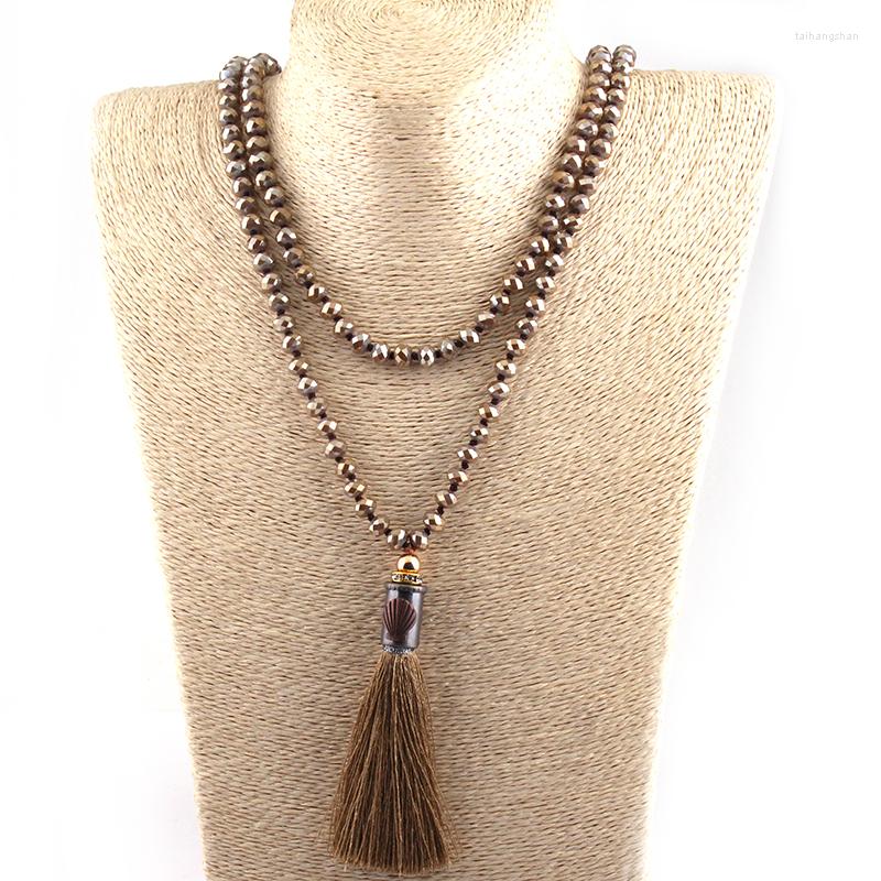 

Pendant Necklaces MOODPC Fashion Bohemian Tribal Artisan Jewelry Knotted Long Halsband Brown Glass Crystal Metal Shell Tassel Necklace