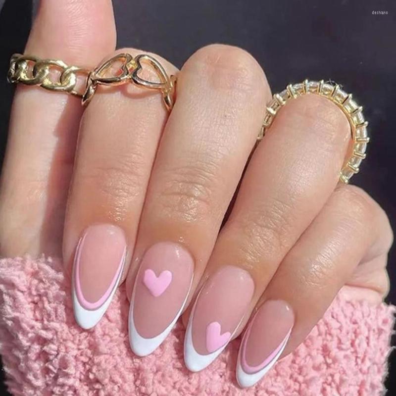 

False Nails 24PCS Long Pink Teardrop Shape Fingernail Sticker French Style Manicure Easy To Wear ABS Almond Nail AC889, Ls08