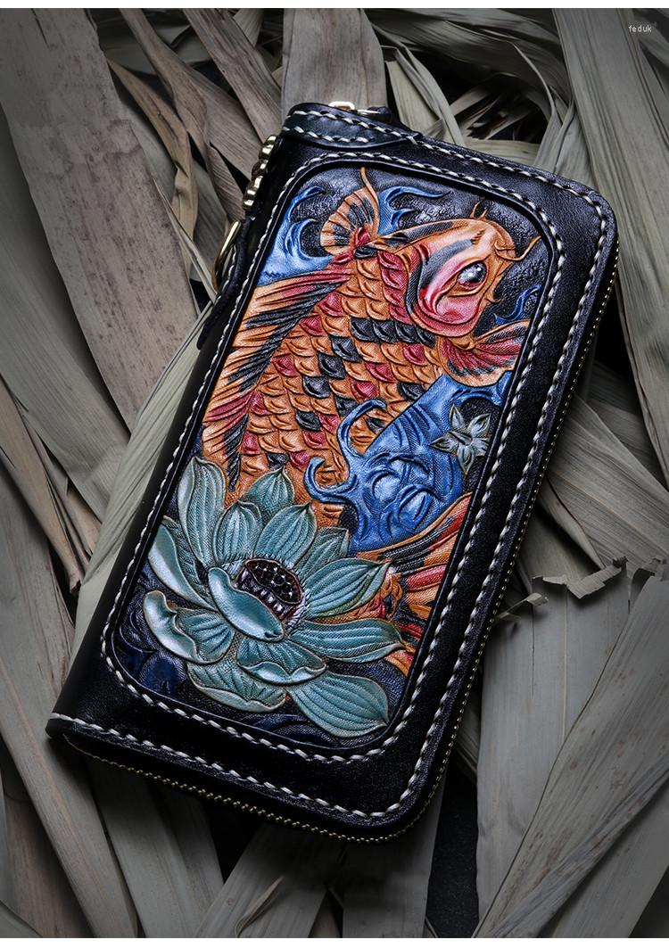 

Wallets Men Genuine Leather Carving Copper Lotus Coin Carp Bag Purses Women Long Clutch Vegetable Tanned Wallet, Multi