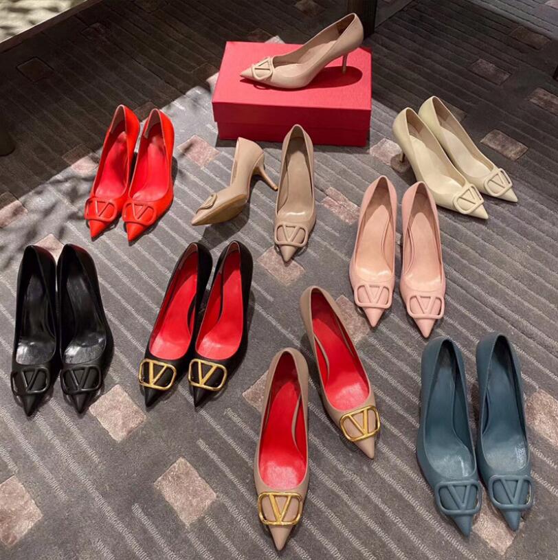 

V Metal Buckle Women High Heels Dress Shoes Spring Women's Sandals Pumps Pointed Toe Thin Heel Genuine Leather Sexy Lady Classics Single Wedding Shoe With Box, 21