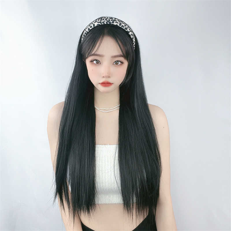 

Women's Hair Wigs Lace Synthetic Shackle Band Women's Wig Cover Korean Fashion Black Long Straight Hair, White leopard hair band: black wig