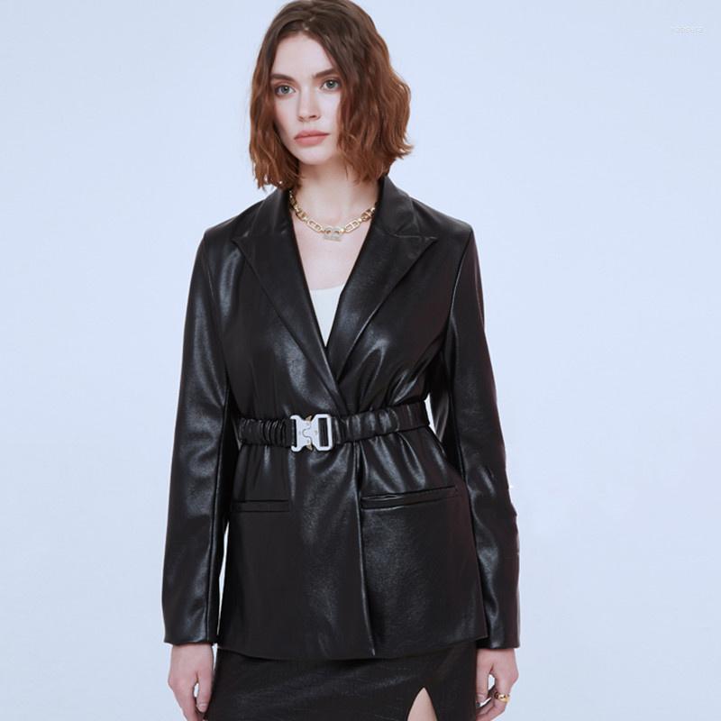

Women's Leather Black 2023 Jacket For Women Suit Collar Jackets Coat Female Belted Fashion Slim PU Faux Outerwear