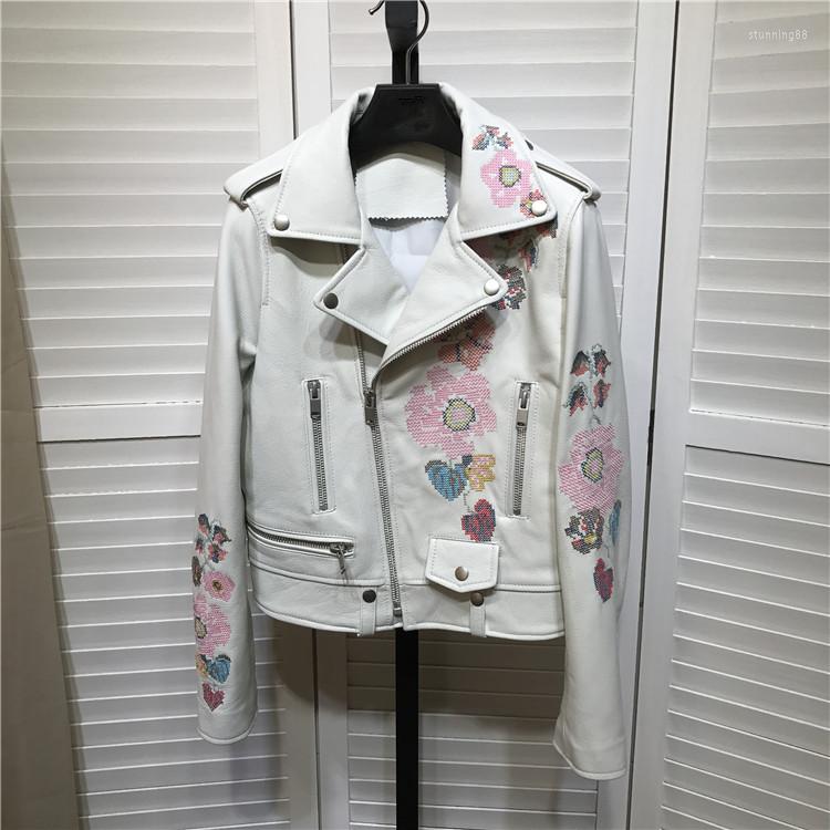 

Women' Leather Arrival Women' Embroidered Biker 2022 Spring Sheepskin Short Coat High Quality White Real Jackets G170