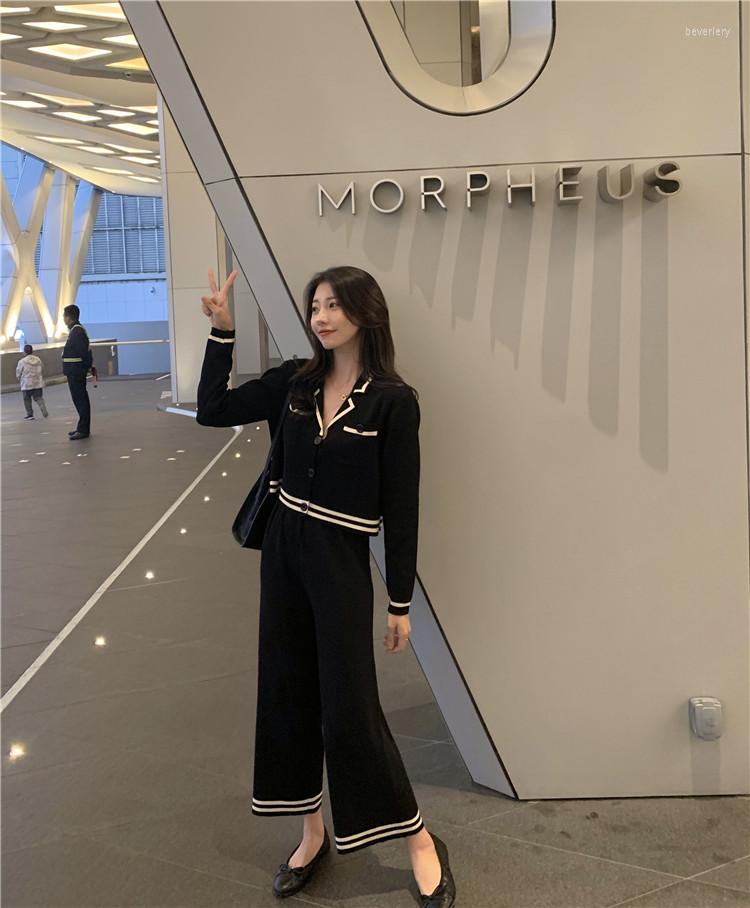 

Women' Tracksuits Fashion 2022 Spring Small Fragrant Knit Suit Korean Lapel Slim Short Jacket Wide Leg Pants Two-piece, Beige