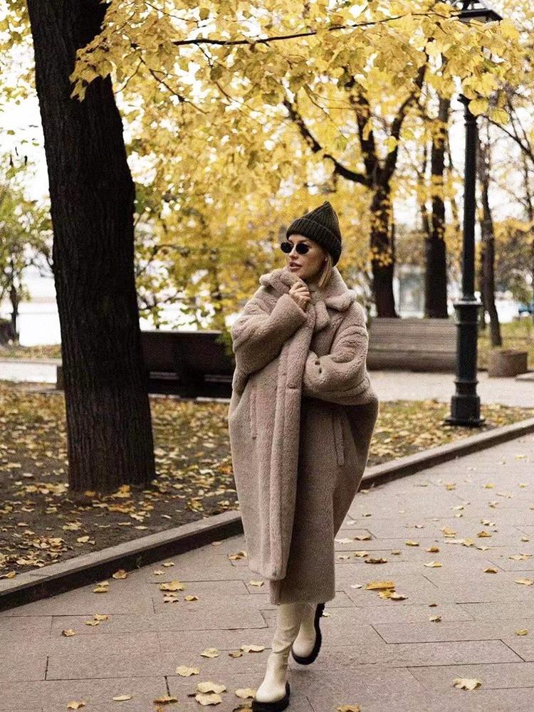 

Women's Fur Faux Lambswool Teddy Coat Winter Chunky Warm Long Sherpa Trench Soft Turn-Down Collar Oversized Boyfriend Outerwear, Army green