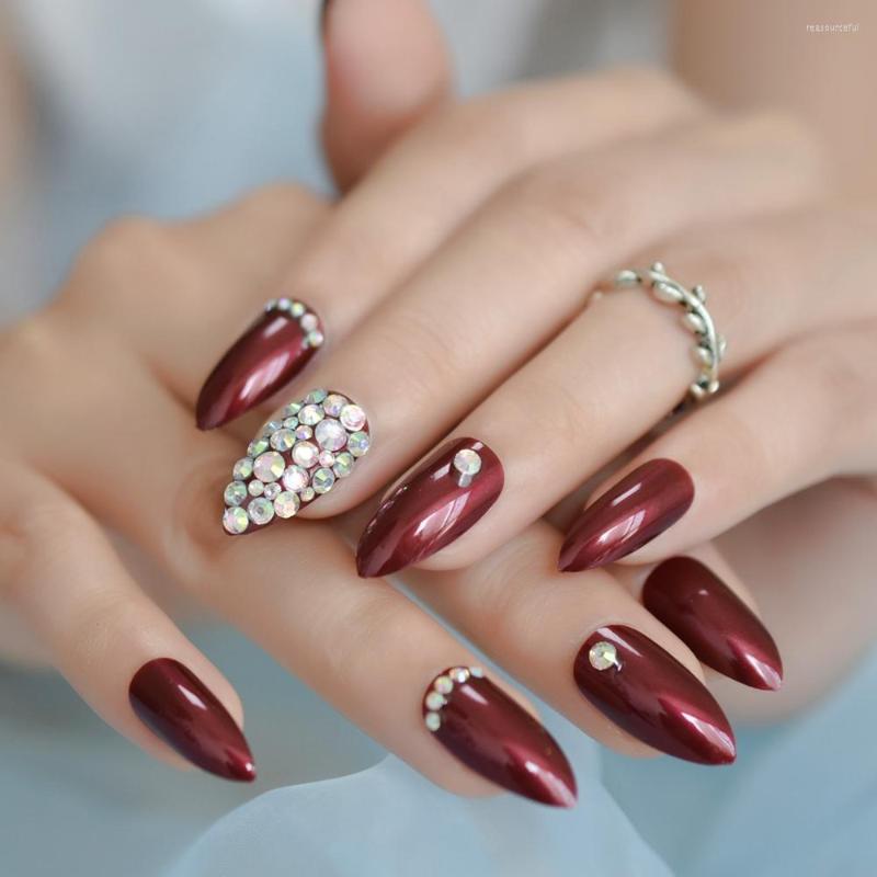 

False Nails Dark White Red Nail Tips 3D Jewelery French Stiletto Press On Glossy Gel Fake Fingers For Party Salon Home, L5276