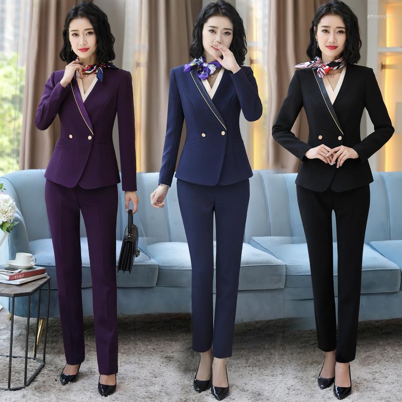 

Women' Two Piece Pants IZICFLY Style Purple Airline Stewardess Waiter Clothes Women Pant Suit El Reception Restaurant Uniform For Work Wear, Black coat and pant